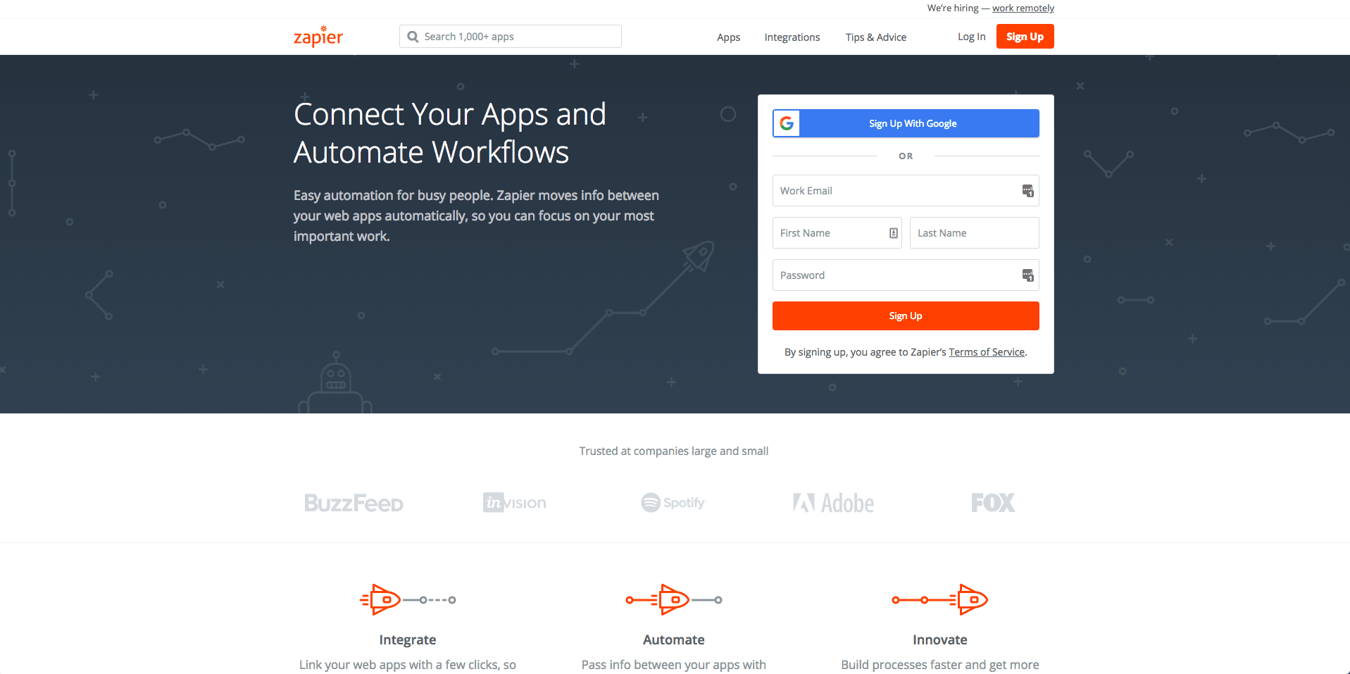 screenshot of Zapier's homepage